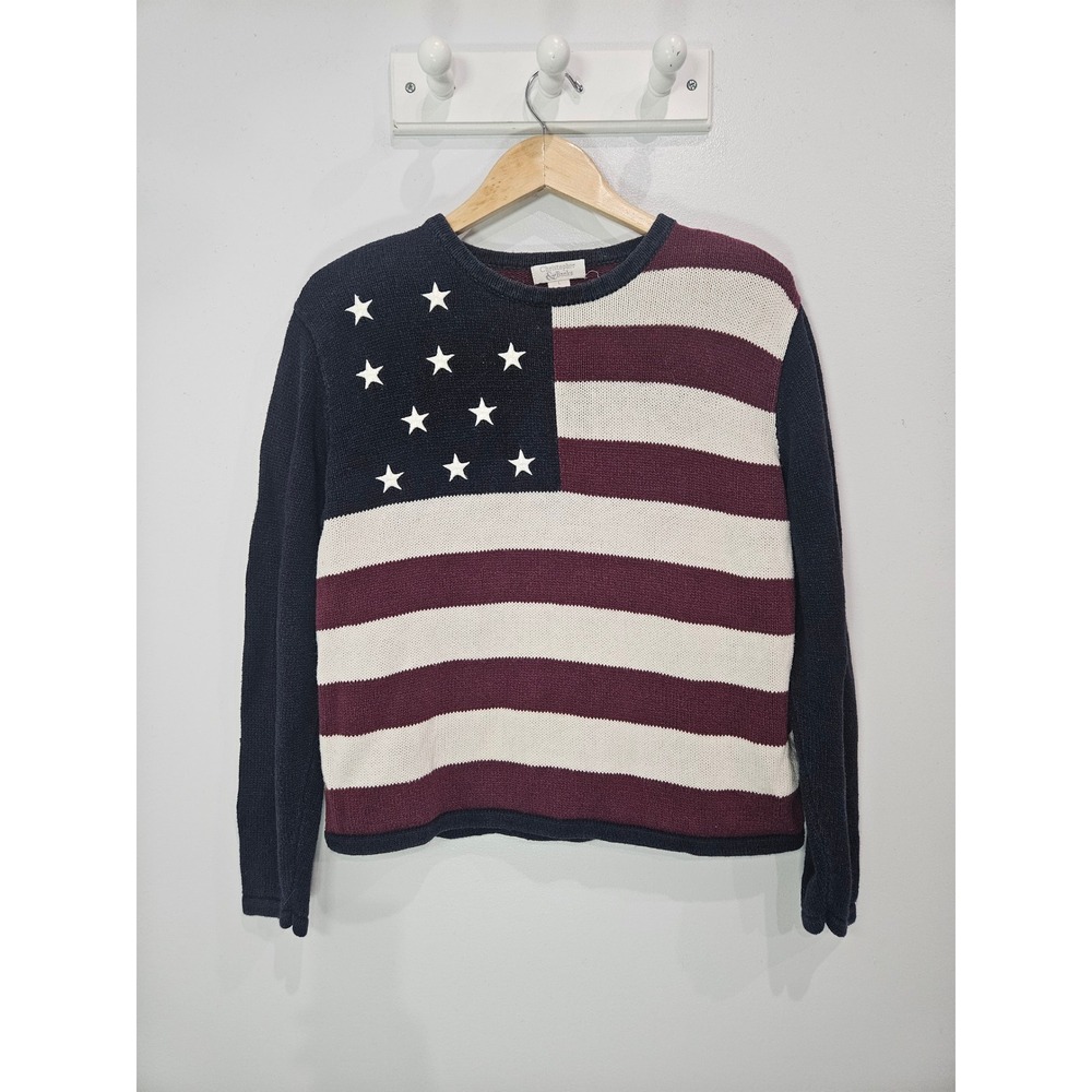 Christopher & Banks Womens American Flag Knit Sweater Navy Burgundy Cream L 2002